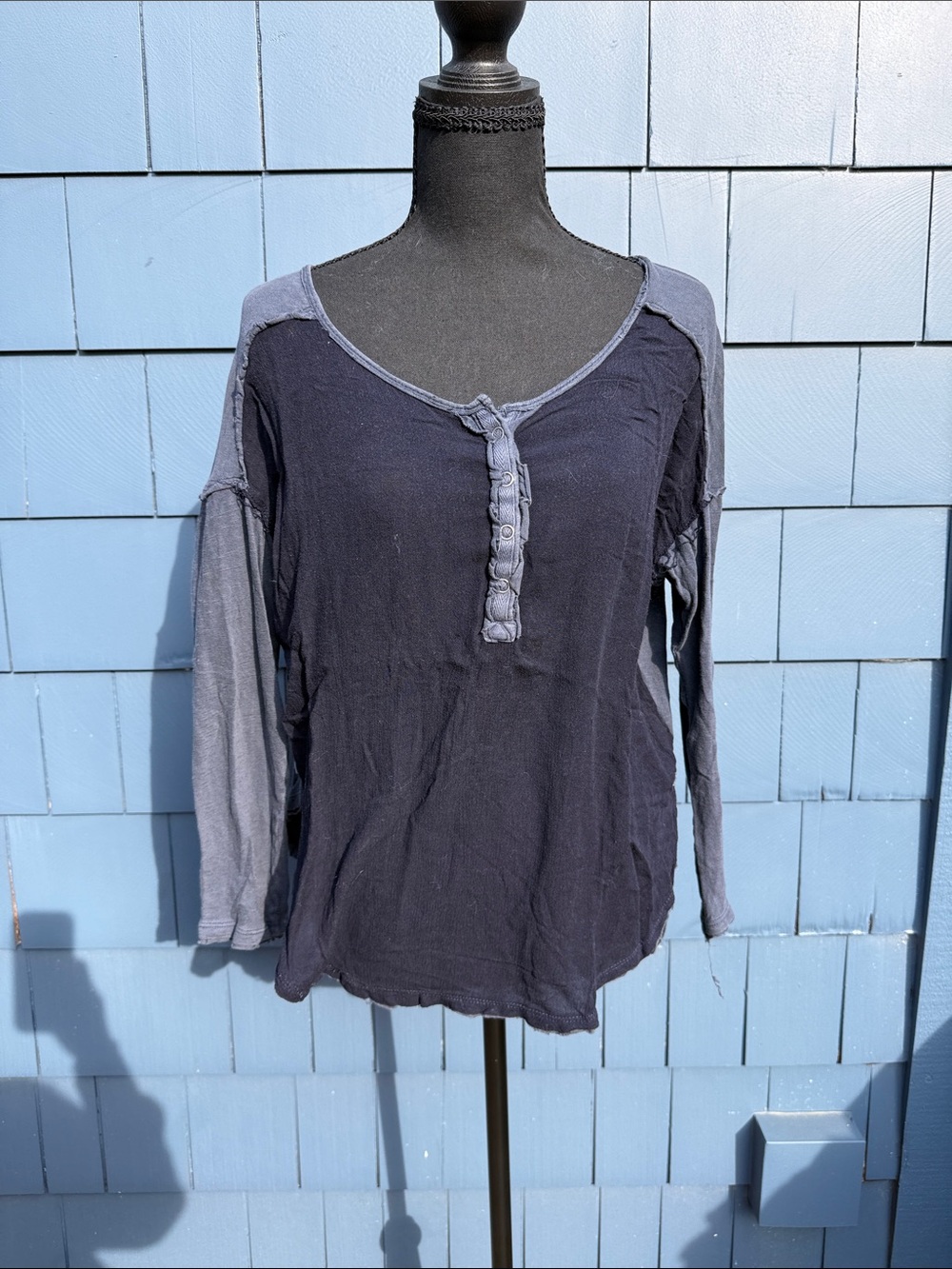 We The Free Two-Tone Navy and Light Blue Henley Long Sleeve Top small